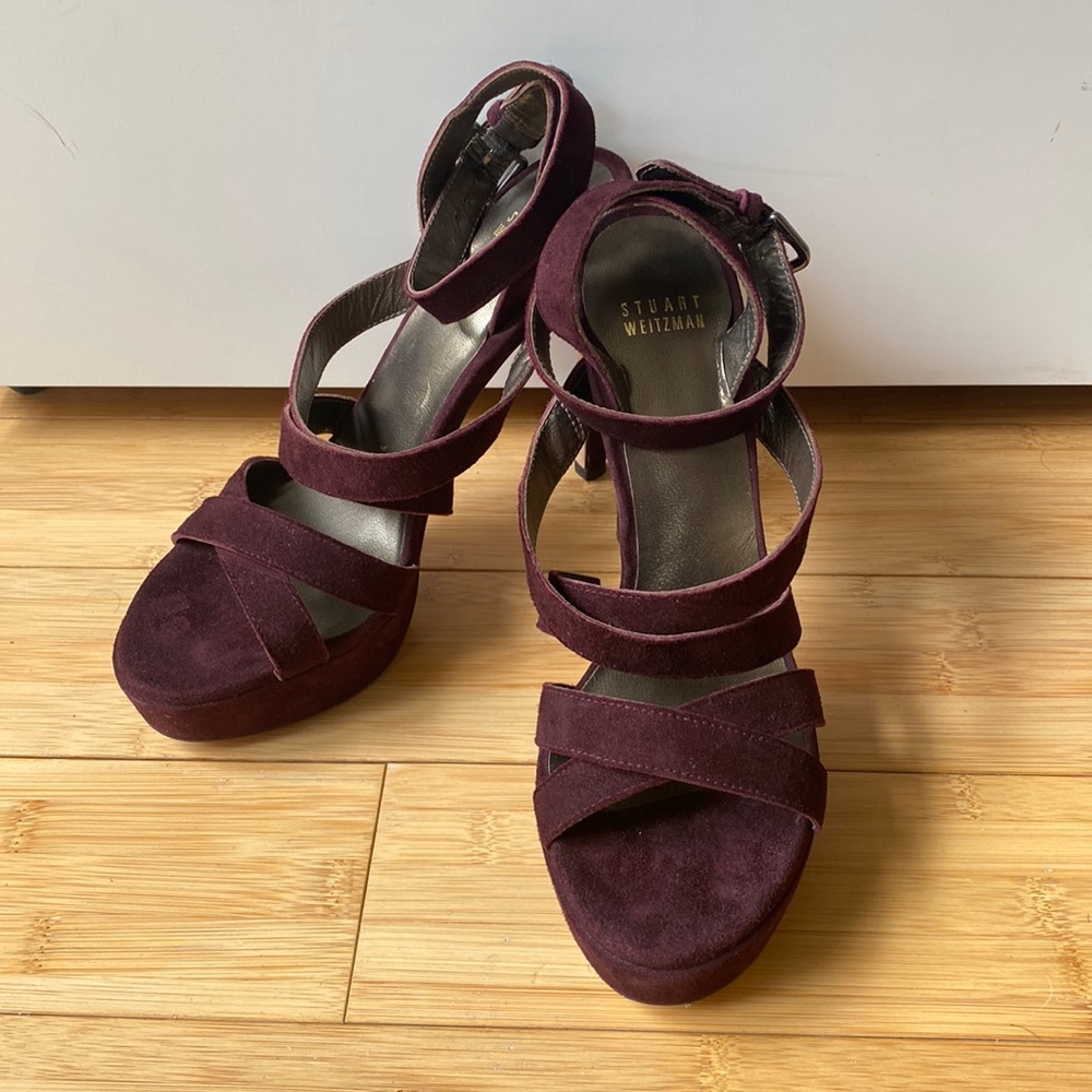 Stuart Weitzman Suede Strappy Platform Sandal Heels in Burgundy Size 8